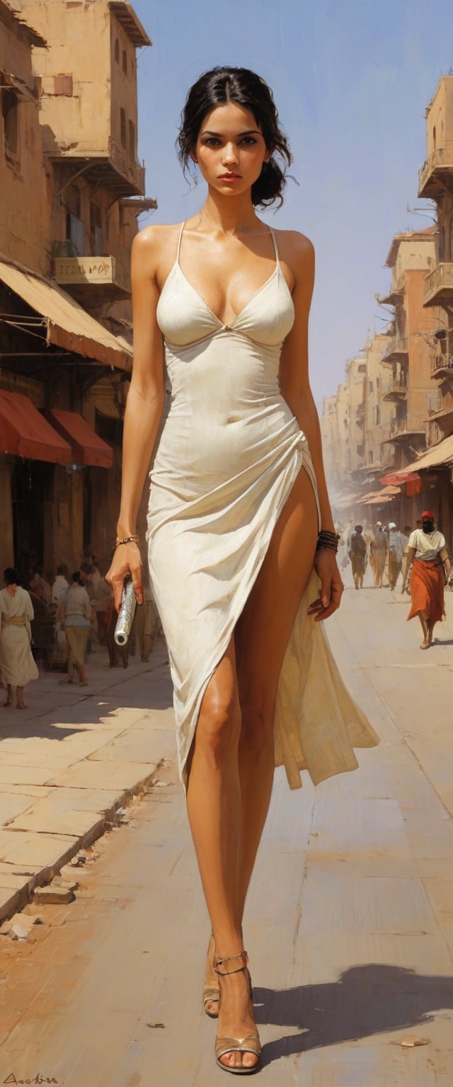 painting by Moebius and Andre Kohn, princess of Mars walking in the street, martian Barsoom city background