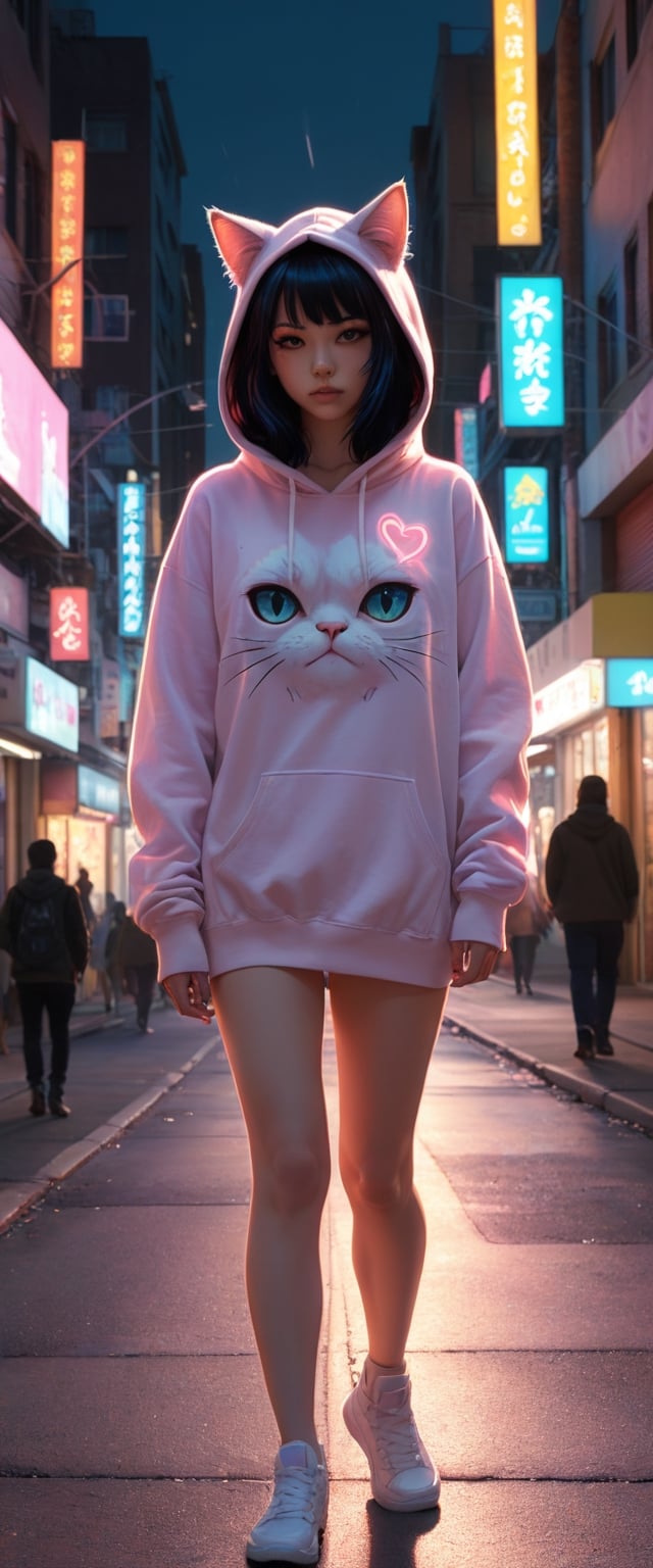 (Slutcore aesthetics:1.4), a woman wearing a cat hoodie walking in a neon lit street, wlop, ilya kuvshinov, artgerm, krenz cushart, greg rutkowski, hiroaki samura, range murata, james jean, katsuhiro otomo, erik jones, serov, surikov,. bathed in sunlight, a mesmerizing blend of light and shadow. masterpiece, absurdres, intricate details  