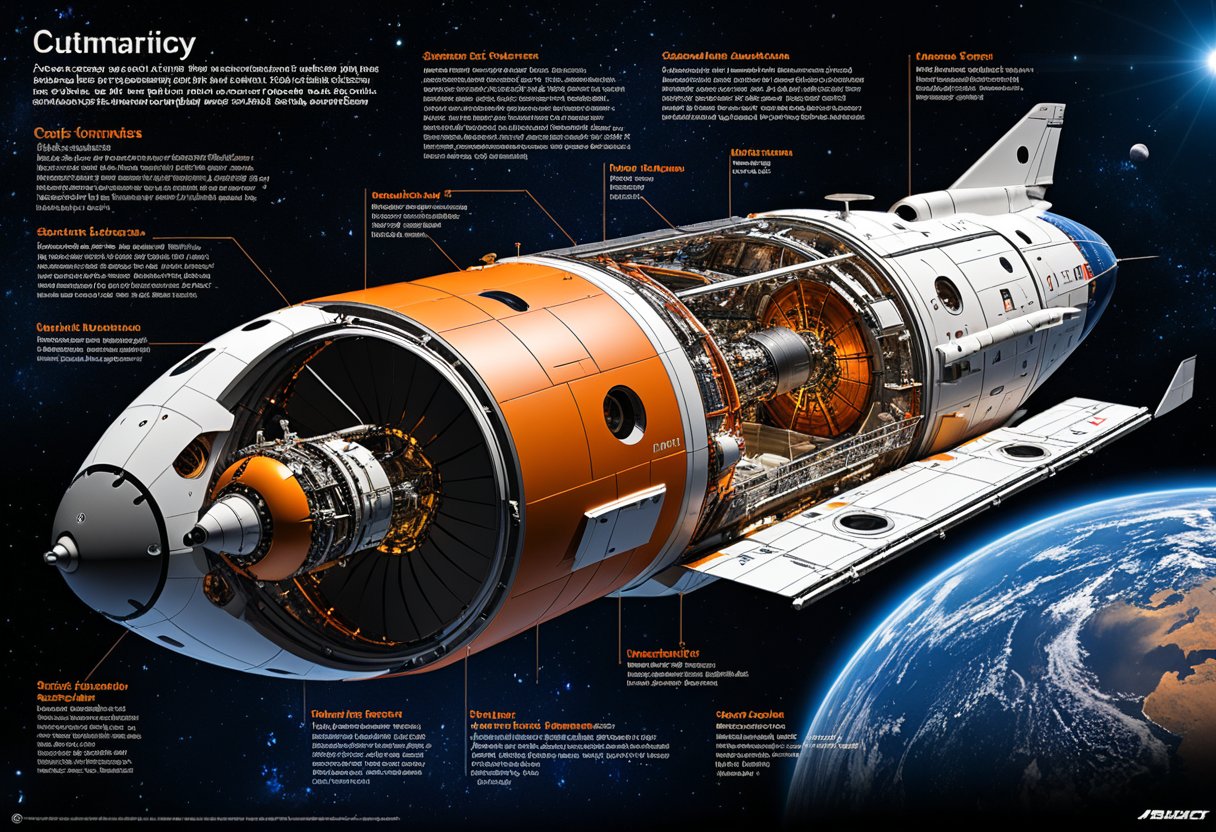 Produce a detailed technical illustration of a spacecraft, showcasing a cutaway design that reveals its internal structure. The spacecraft should be rendered with a sleek, streamlined body in vibrant orange and metallic shades. The image must include annotated engineering blueprints, detailed schematics, and callouts, set against a technical background that provides a comprehensive view of the craft's design. Aim for a sketch-like style that merges artistic intricacy with mechanical precision, complete with various angles and detailed exploded views of spacecraft components