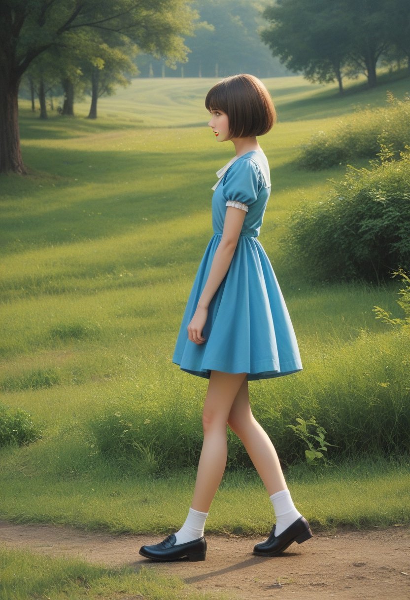 score_9, score_8_up, score_7_up, score_6_up, score_5_up, score_4_up, 

photo, irl, realistic BREAK vhs, screencap, 1girl, dress, outdoors, short hair, grass, brown hair, socks, white socks, tree, black footwear, blue dress, water, short sleeves, full body, standing, bob cut, walking, nature, shoes, from side, day