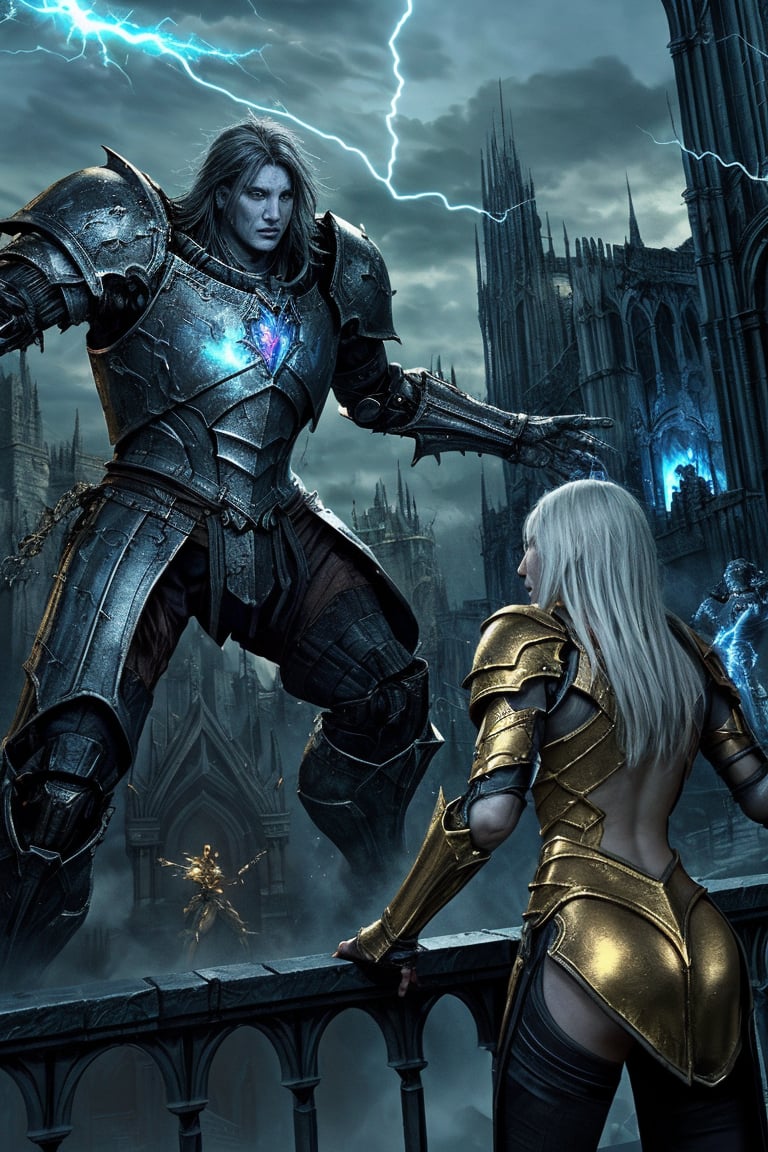 Construct an image that depicts a key moment in the concept of the "final battle": a bridge between two worlds, a lonely figure facing two huge forces. On one side, a mechanical behemoth full of electricity is ready to attack, while on the other side, a luminous heroine wearing golden armor is channeling mysterious energy. The backdrop is a city, with gothic spiers rising among futuristic buildings, and a sky filled with the chaos of a brewing storm. More warriors clash in the distance, adding to the feel of an epic battle. Highly detailed rendering of Knights and Titans with dynamic and stormy backgrounds. The model should emphasize the contrast between Gothic and futuristic architectural elements.