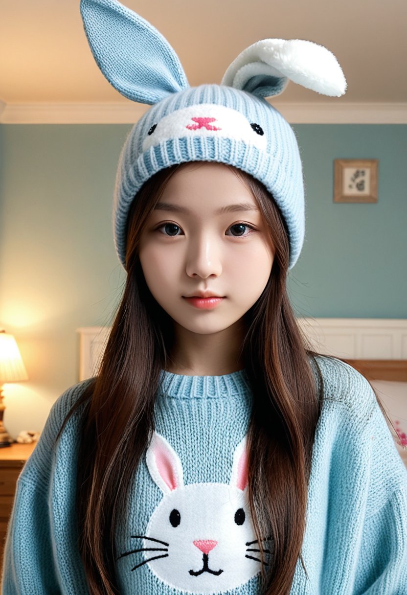 Korean girl,16 years old,knit hat,sweater,bedroom background,rabbit headgear,masterpiece,best quality,