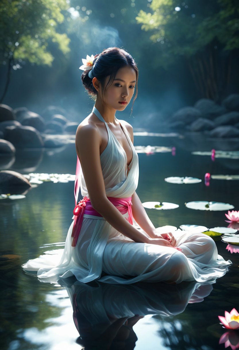 A serene 3D render of a girl in a bodhisattva pose and attire, barefoot, with a clear face, sitting on stones in a pond. She manipulates flowing, colorful, transparent smoke to form ribbons and lotus flowers. The scene is of the highest quality with delicate light and shadow effects, sunlight softly illuminating her and the surroundings. The colors are soft and vibrant, with bright, translucent silk and shimmering water reflections. Best quality using C4D and Blender.
BREAK,
dramatic lighting,highly detailed,high budget,bokeh,cinemascope,moody,epic,gorgeous,film grain,grainy,masterpiece,best quality,perfect anatomy,very aesthetic,official art,8k,