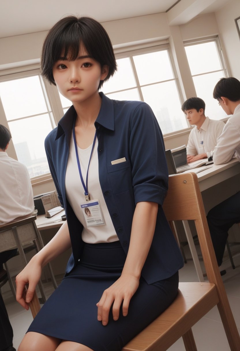 score_9, score_8_up, score_7_up, score_6_up, score_5_up, score_4_up, 

looking at viewer, short hair, multiple girls, Korean, shirt, black hair, sitting, standing, multiple boys, indoors, dutch angle, window, chair, realistic, id card, office