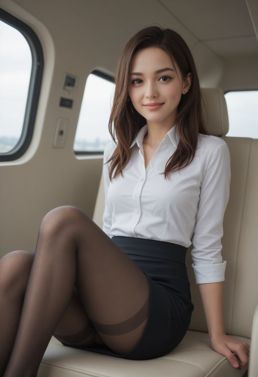 score_9, score_8_up, score_7_up, score_6_up, masterpiece, newest, best quality, perfect anatomy , very aesthetic , official art,BRAKE

Wide angle portrait photography, Young woman sitting in the plane, looking at viewer, smile, miniskirt, brown hair, brown eyes, jewelry, sitting, pantyhose, uniform, pencil skirt, realistic captured with a Canon EOS R5, 50mm f/1.2 lens, High dynamic range, Vivid colors, Clear shadows, Realistic lighting.