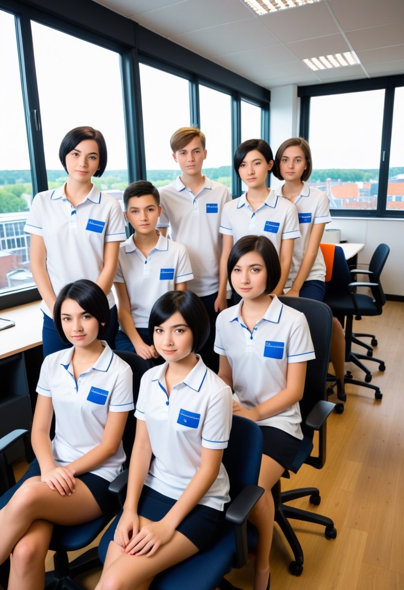 score_9, score_8_up, score_7_up, score_6_up, score_5_up, score_4_up, 

looking at viewer, short hair, multiple girls, shirt, black hair, sitting, standing, multiple boys, indoors, dutch angle, window, chair, realistic, id card, office