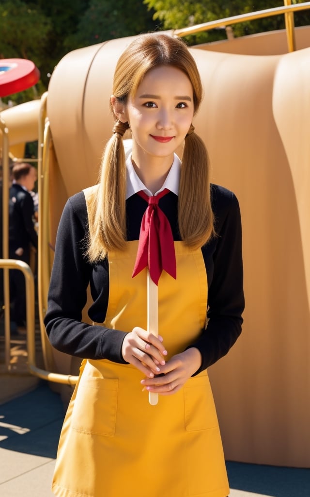 1girl,blonde,twintails,(solo:1.5),theme park.holding Popsicle
white apron,brown dress,(long sleeves:1.1),red neckchief,cccpuniform,sangonomiya kokomi (sparkling coralbone),sangonomiya kokomi,yoona