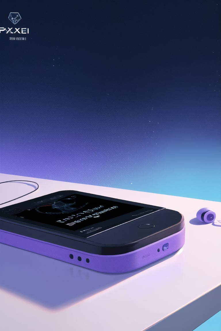 a cell phone sitting on top of a table, digital art, inspired by Emiliano Ponzi, trending on pexels, listening to music at 2 am, blue and violet color scheme, website banner, earbuds