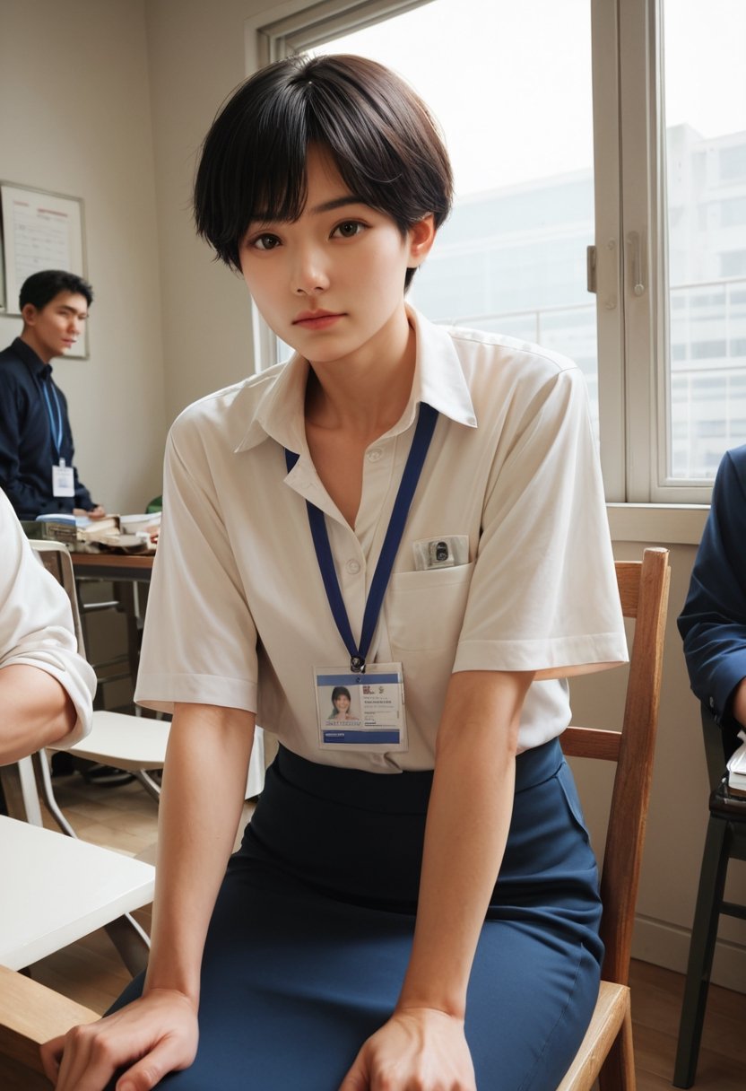 score_9, score_8_up, score_7_up, score_6_up, score_5_up, score_4_up, 

looking at viewer, short hair, multiple girls, Korean, shirt, black hair, sitting, standing, multiple boys, indoors, dutch angle, window, chair, realistic, id card, office