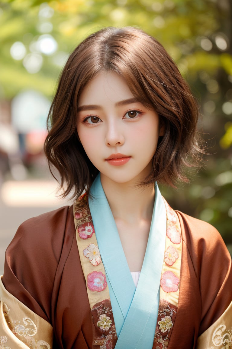 pretty girl,short hair, brown hair, brown eyes, looking at viewer, Korean netidol, closed mouth,hanfu, dynamic background, detailed background structure,