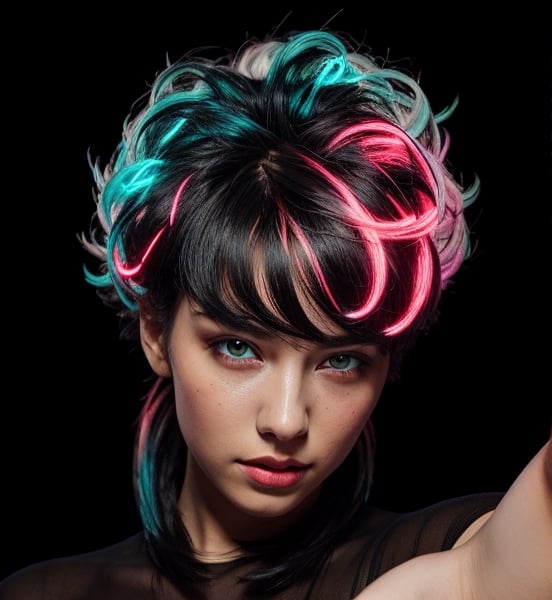 Extremely Realistic,photorealistic,(hairdress),transparent_background,.png , ((dark black hair)) ,dark environment ,((red light from right on all over hair)) , ((bright cyan light from top of head on all over hair)),neon photography style,h4l0w3n5l0w5tyl3DonML1gh7 , natural glowing hair under light,h4l0w3n5l0w5tyl3DonML1gh7,overexposed hair