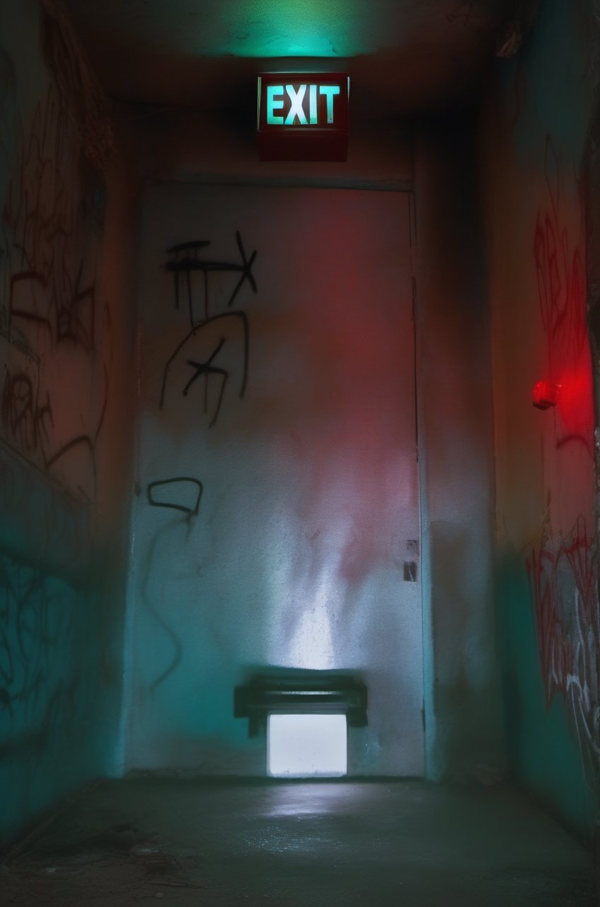 (red light alarm at right side), glowing exit sign at top,more detail XL, slighty damaged and rusted metallic wall, graffiti on wall , rusty yellow box at left side on wall,metallic exit door at front , overexposed cyan color light  flashing at bottom half,photorealistic,photo r3al,more saturation 