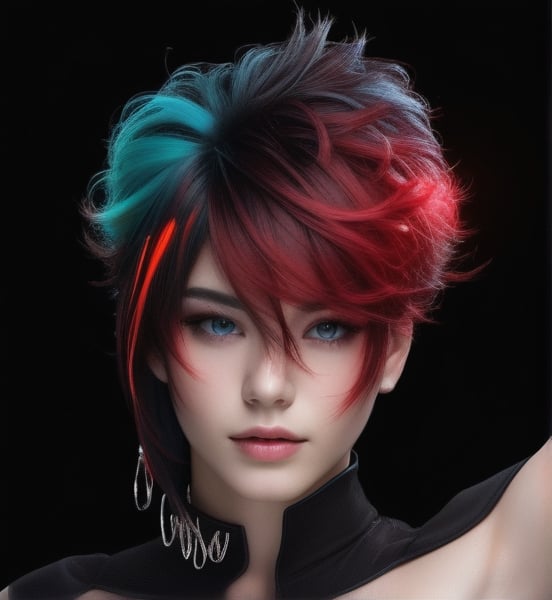 Extremely Realistic,photorealistic,(hairdress),transparent_background,.png , ((dark black hair)) ,dark environment ,((red light from right on all over hair)) , ((bright cyan light from top of head on all over hair)),neon photography style,h4l0w3n5l0w5tyl3DonML1gh7 , natural glowing hair under light,h4l0w3n5l0w5tyl3DonML1gh7,overexposed hair