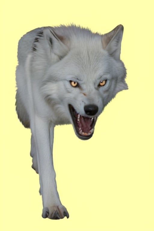 White wolf,, ,((plane green back ground)),yellow eyes,open mouth ,angry face,ready to attack,full body can be see,  photo taken in studio 