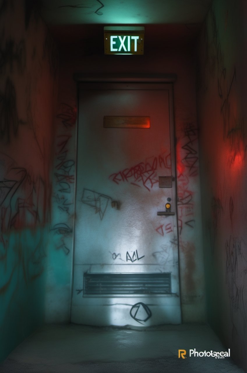 (red light alarm at right side), glowing exit sign at top,more detail XL, slighty damaged and rusted metallic wall, graffiti on wall , rusty yellow box at left side on wall,metallic exit door at front , overexposed cyan color light  flashing at bottom half,photorealistic,photo r3al