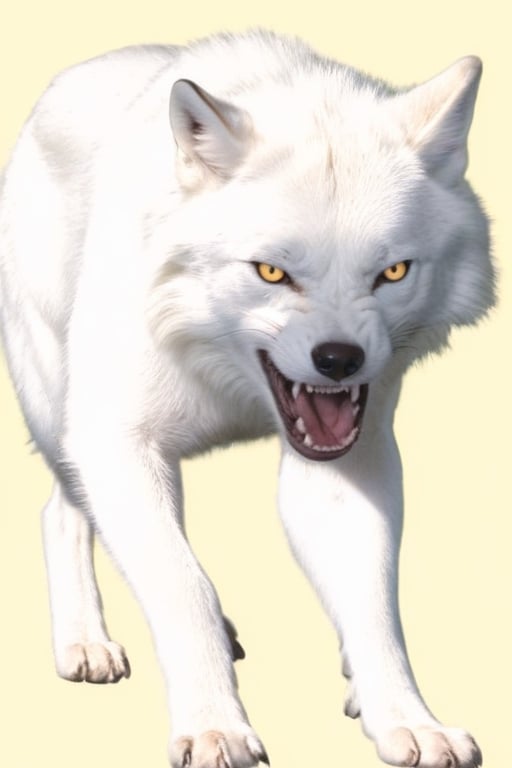 White wolf,, ,((plane green back ground)),yellow eyes,open mouth ,angry face,ready to attack,full body can be see