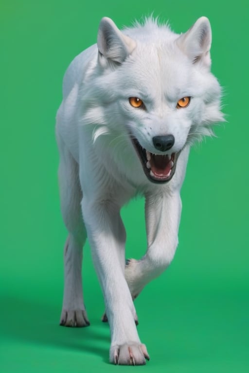 Pure White wolf, (((plane dark green background))) ,full body can be seen, (((four legs can be seen))),((going left)),((yellow eyes)),studio environment with controlled lighting ,dark environment , wolf tail can be seen ,4 legs,angry face,closed mouth