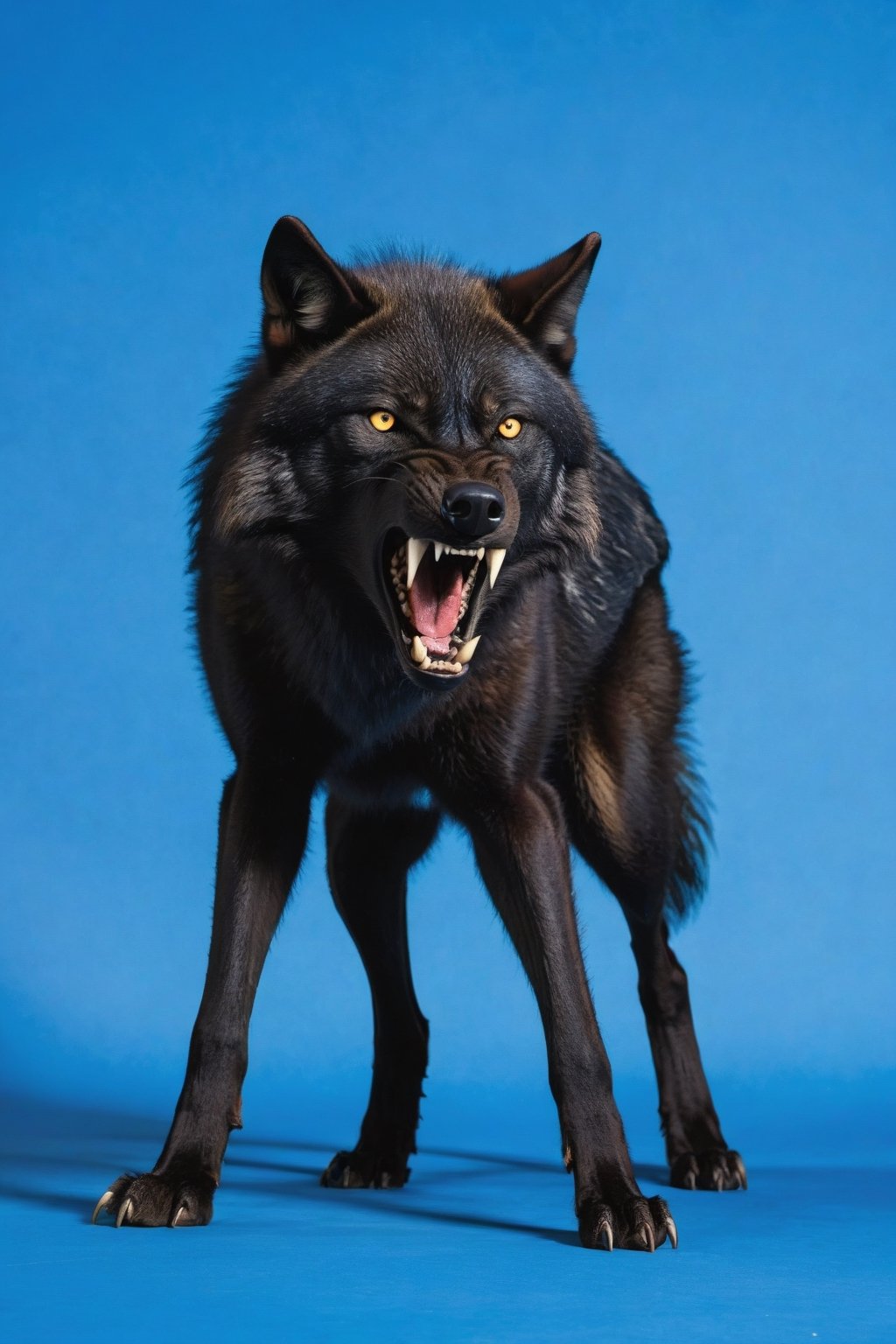 Black wolf,standing, (spread legs),((plane blue back ground)),yellow eyes,open mouth ,angry face,ready to attack,((top view))