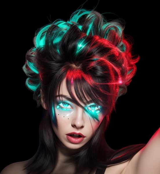 Extremely Realistic,photorealistic,(hairdress),transparent_background,.png , ((dark black hair)) ,dark environment ,((red light from right on all over hair)) , ((bright cyan light from top of head on all over hair)),neon photography style,h4l0w3n5l0w5tyl3DonML1gh7 , natural glowing hair under light,h4l0w3n5l0w5tyl3DonML1gh7