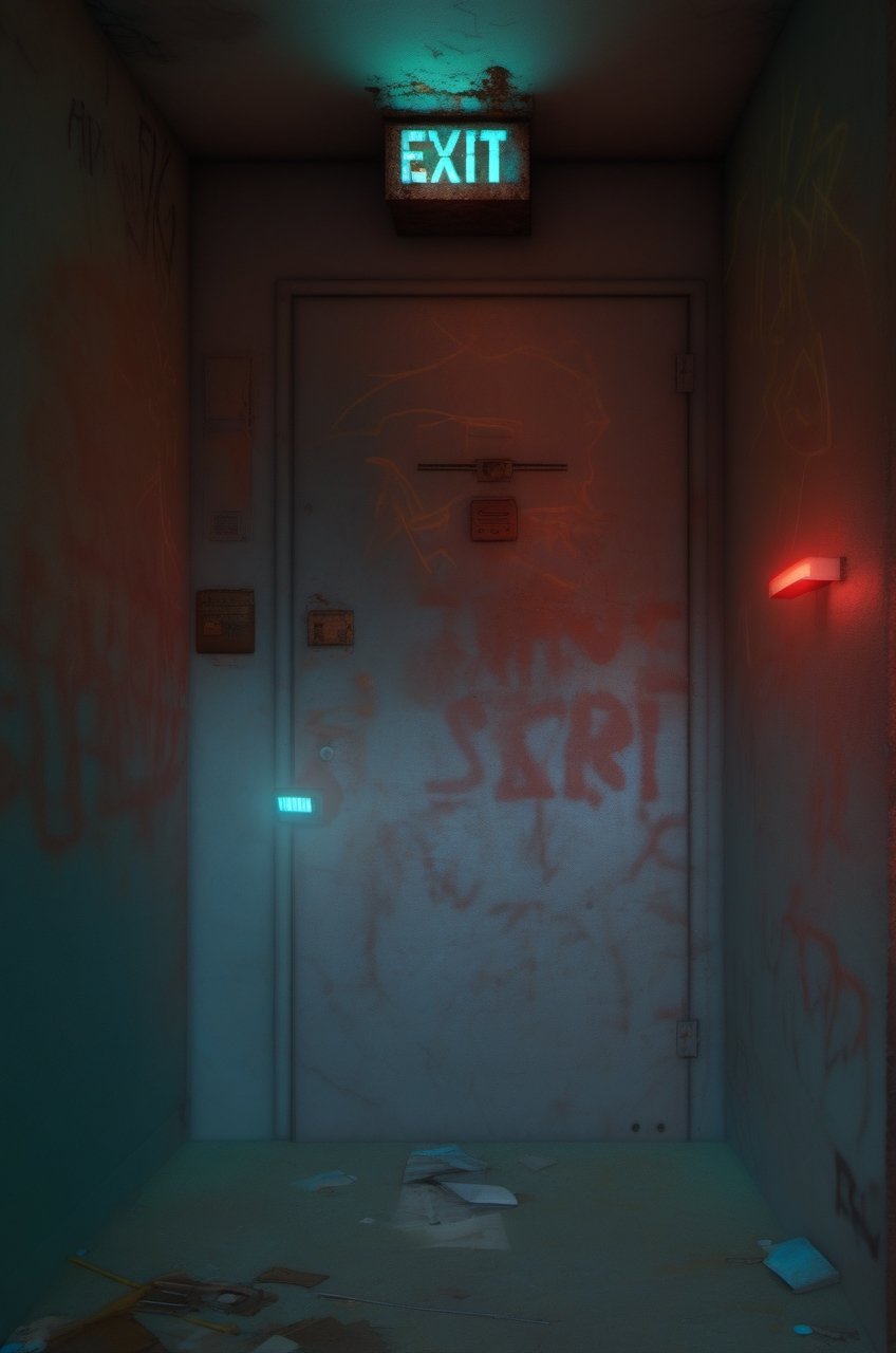 (red light alarm at right side), glowing exit sign at top,more detail XL, slighty damaged and rusted metallic wall, graffiti on wall , rusty yellow box at left side on wall,metallic exit door at front , overexposed cyan color light  flashing at bottom half,photorealistic