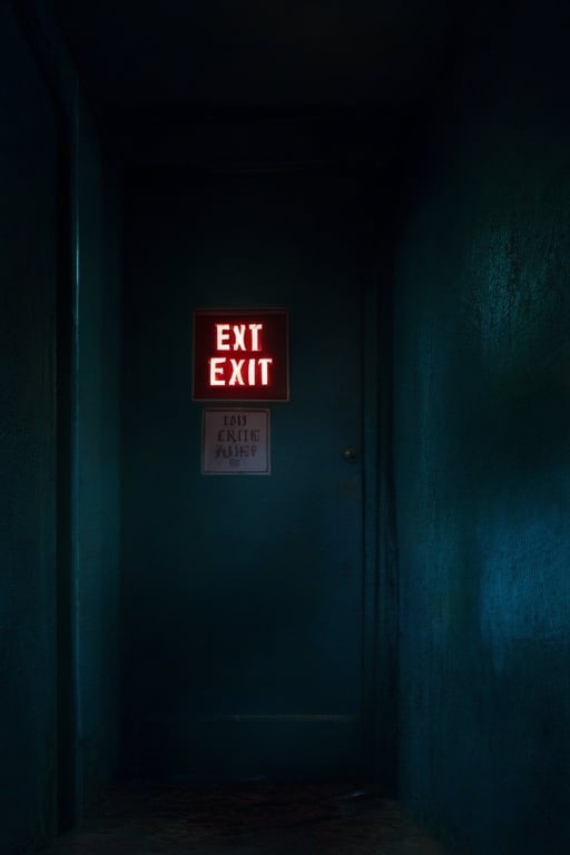 Dark environment, red alert alarm at right ,gowing cyan exit sign on top