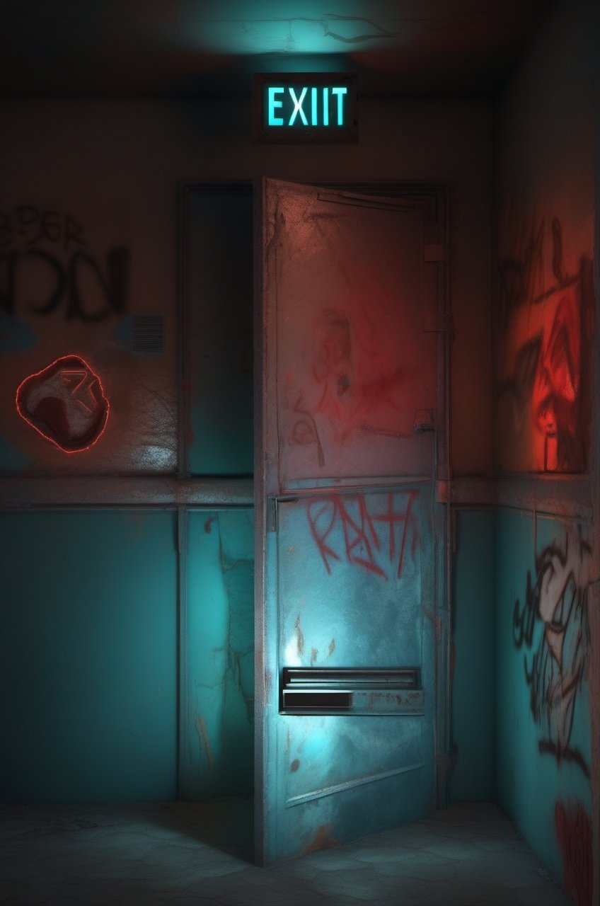 photo r3al,photorealistic,dark room , rusty metal door , (glowing cyan color exit sign),  red light on right wall, graffiti on walls ,dark environment ,cinematic lighting 