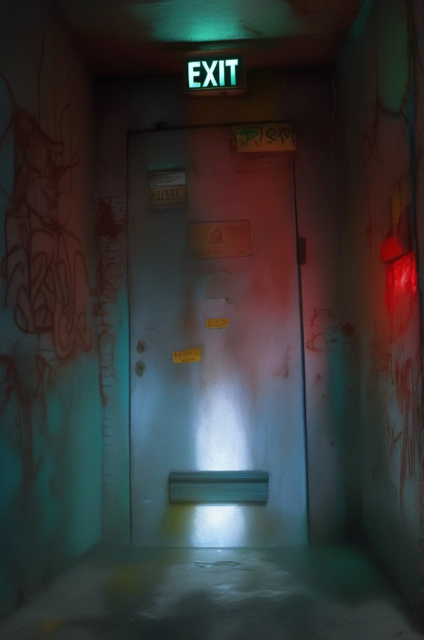 (red light alarm at right side), glowing exit sign at top,more detail XL, slighty damaged and rusted metallic wall, graffiti on wall , rusty yellow box at left side on wall,metallic exit door at front , overexposed cyan color light  flashing at bottom half,photorealistic,photo r3al