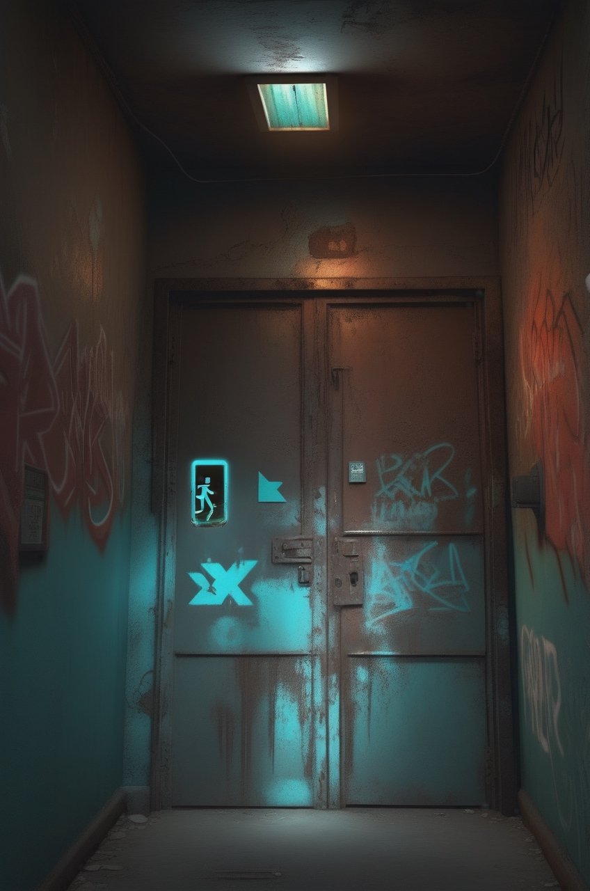 photo r3al,photorealistic,dark room , rusty metal door , (glowing cyan color exit sign),  red light on right wall, graffiti on walls ,dark environment ,cinematic lighting 