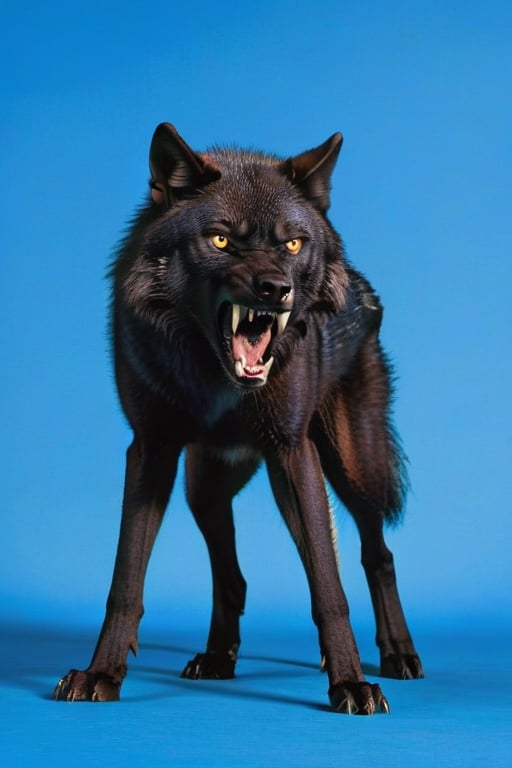 Black wolf,standing, (spread legs),((plane blue back ground)),yellow eyes,open mouth ,angry face,ready to attack,((top view))