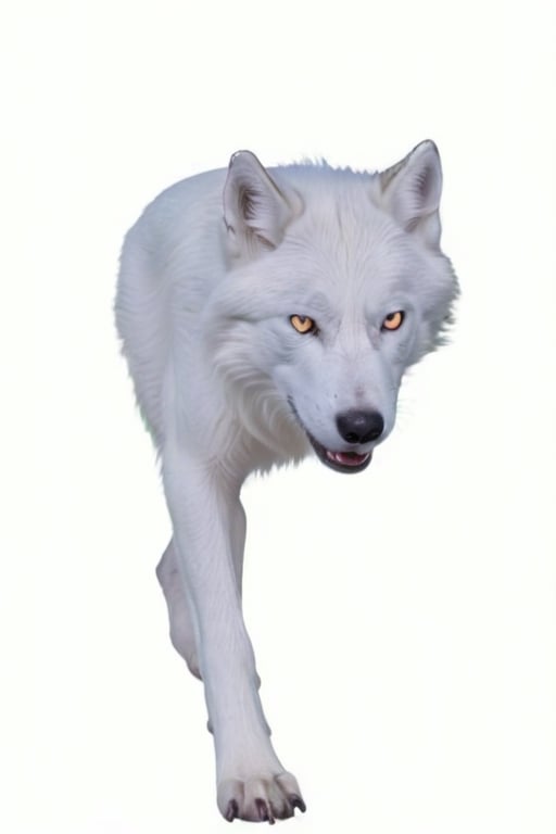 Pure White wolf, (((plane green background))) ,full body can be seen, ((four legs can be seen)),((going left)),((yellow eyes)),studio environment with controlled lighting ,dark environment , wolf tail 