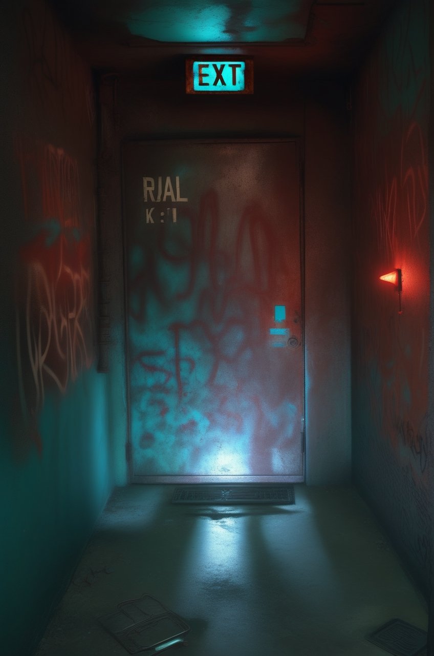 photo r3al,photorealistic,dark room , rusty metal door , (glowing cyan color exit sign),  red light on right wall, graffiti on walls ,dark environment ,cinematic lighting 