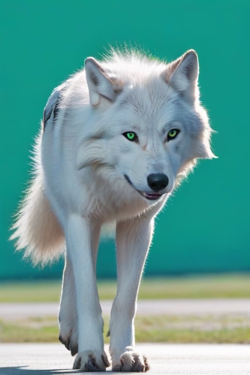 White wolf, (((plane green background))) ,full body can be seen, four legs can be seen,going left,yellow eyes