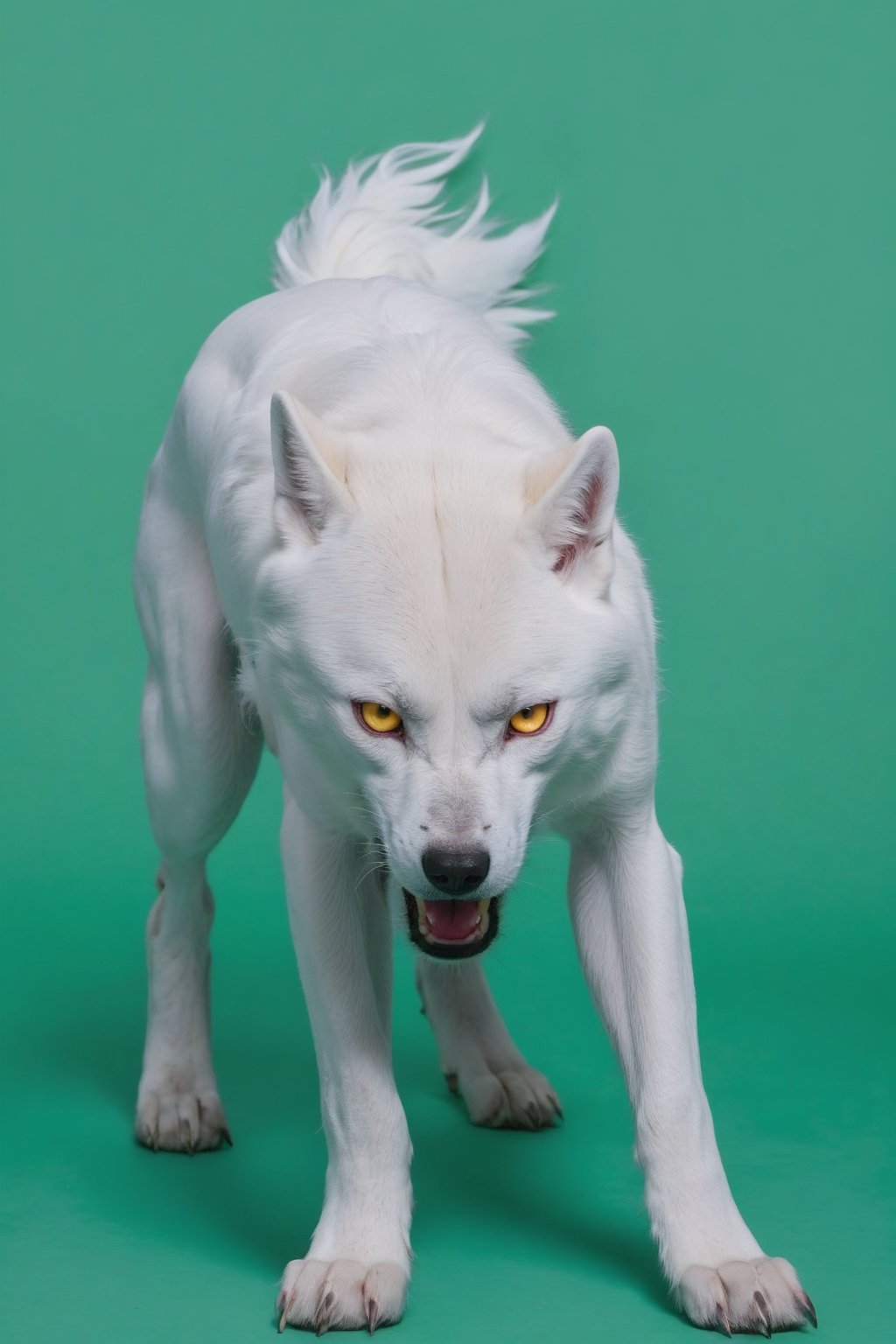 Pure White wolf, (((plane dark green background))) ,full body can be seen, (((four legs can be seen))),((going left)),((yellow eyes)),studio environment with controlled lighting ,dark environment , wolf tail can be seen ,4 legs,angry face,closed mouth