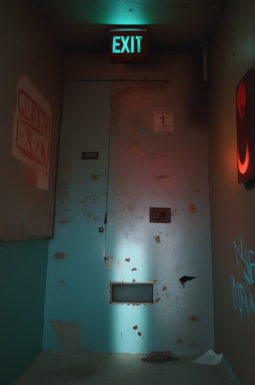 (red light alarm at right side), glowing exit sign at top,more detail XL, slighty damaged and rusted metallic wall, graffiti on wall , rusty yellow box at left side on wall,metallic exit door at front , overexposed cyan color light  flashing at bottom half,photorealistic,photo r3al