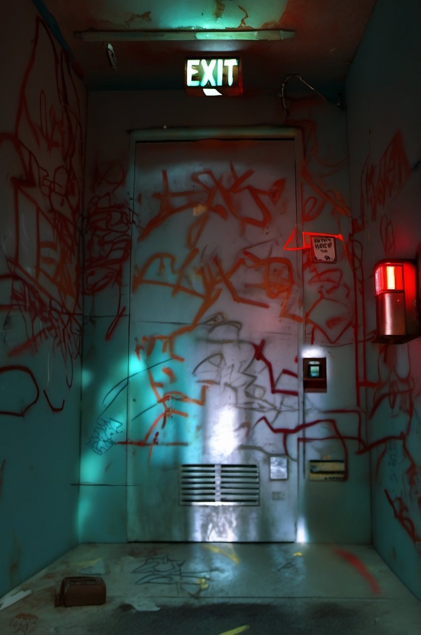 (red light alarm at right side), glowing exit sign at top,more detail XL, slighty damaged and rusted metallic wall, graffiti on wall , rusty yellow box at left side on wall,metallic exit door at front , overexposed cyan color light  flashing at bottom half,photorealistic,photo r3al