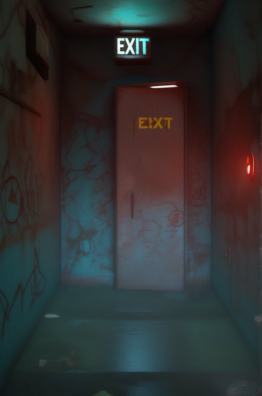 (red light alarm at right side), glowing exit sign at top,more detail XL, slighty damaged and rusted metallic wall, graffiti on wall , rusty yellow box at left side on wall,metallic exit door at front , overexposed cyan color light  flashing at bottom half,photorealistic