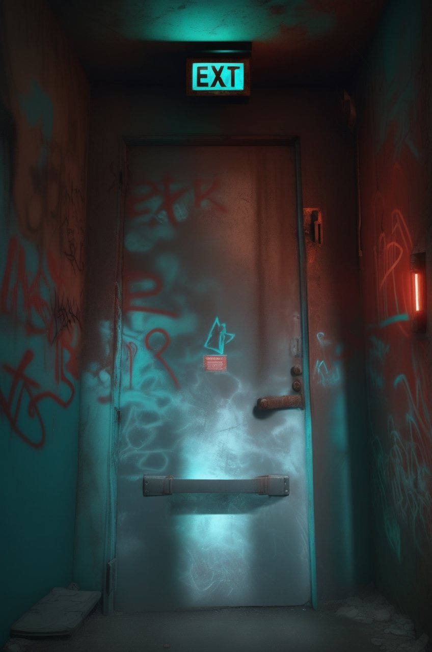 photo r3al,photorealistic,dark room , rusty metal door , (glowing cyan color exit sign),  red light on right wall, graffiti on walls ,dark environment ,cinematic lighting 