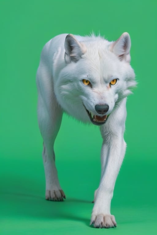 Pure White wolf, (((plane dark green background))) ,full body can be seen, (((four legs can be seen))),((going left)),((yellow eyes)),studio environment with controlled lighting ,dark environment , wolf tail can be seen ,4 legs,angry face,closed mouth