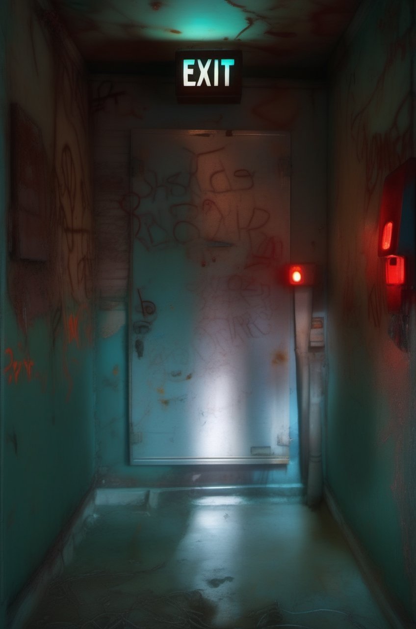 (red light alarm at right side), glowing exit sign at top,more detail XL, slighty damaged and rusted metallic wall, graffiti on wall , rusty yellow box at left side on wall,metallic exit door at front , overexposed cyan color light  flashing at bottom half,photorealistic,photo r3al