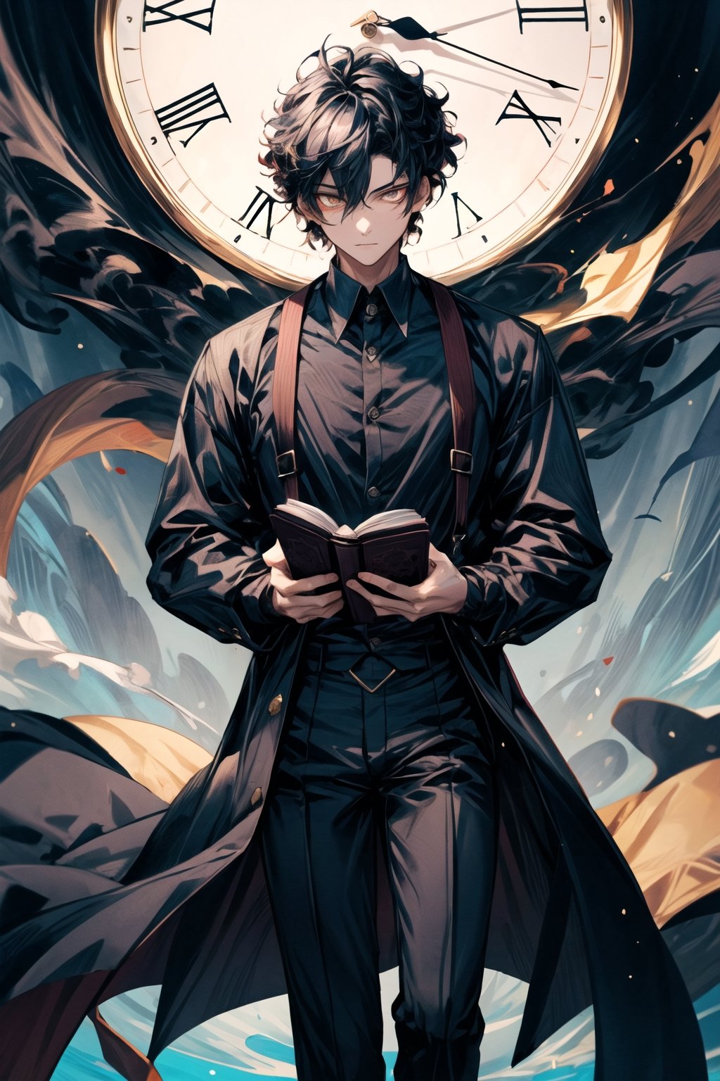 A boy, wearing a black suit, holding a magic book in her left hand, suspenders, long legs, sexy, with a cold expression,character \(series\),Zhongli, black_coat, black_shirt, black_smoke, glowing_eyes, navy_blue_color_hair, curly_hair, gold_color_right_eye, odd_eye, skyblue color left eye, clock hand in the right eye