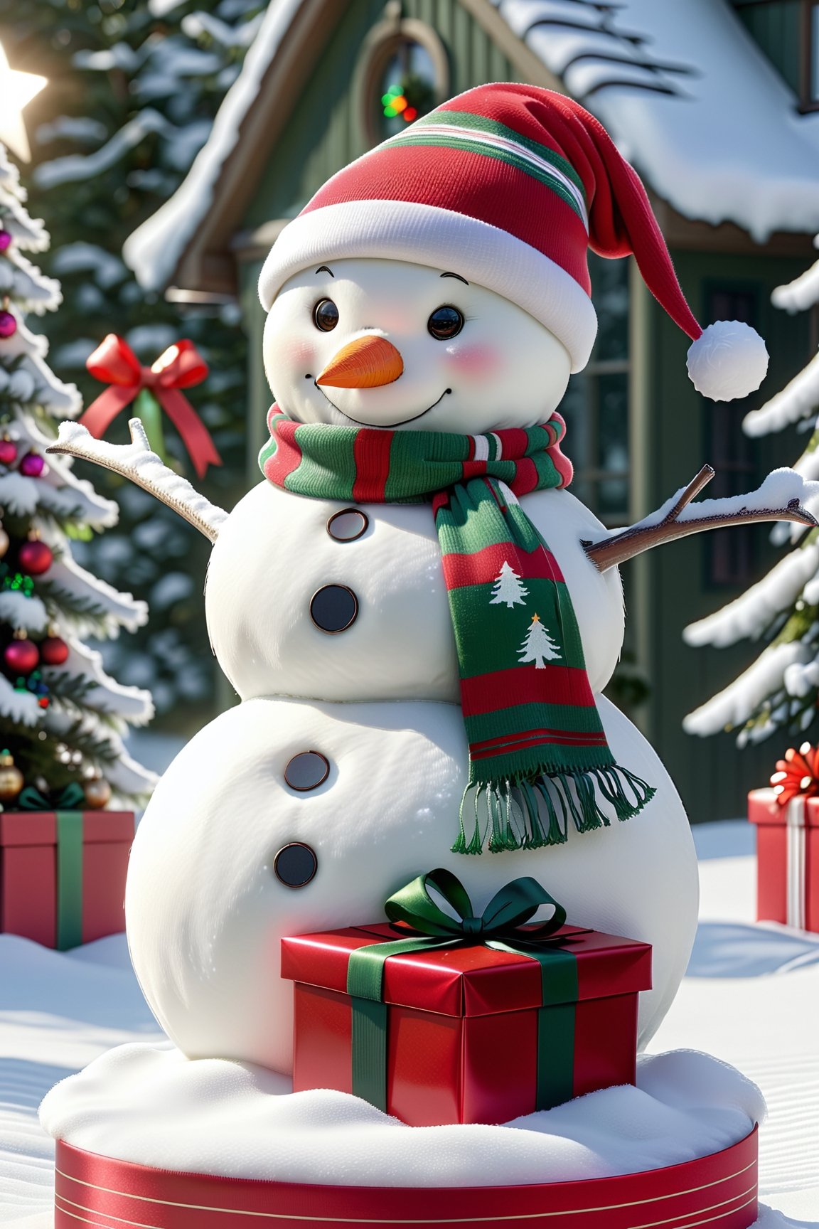 Best quality,masterpiece,ultra high res,, snowman,no humans,scarf,gift,christmas tree,bird,hat,christmas,box,striped,christmas ornaments,snow,striped scarf,gift box,ribbon,star (symbol),santa hat,artist name,green scarf,snowing,
