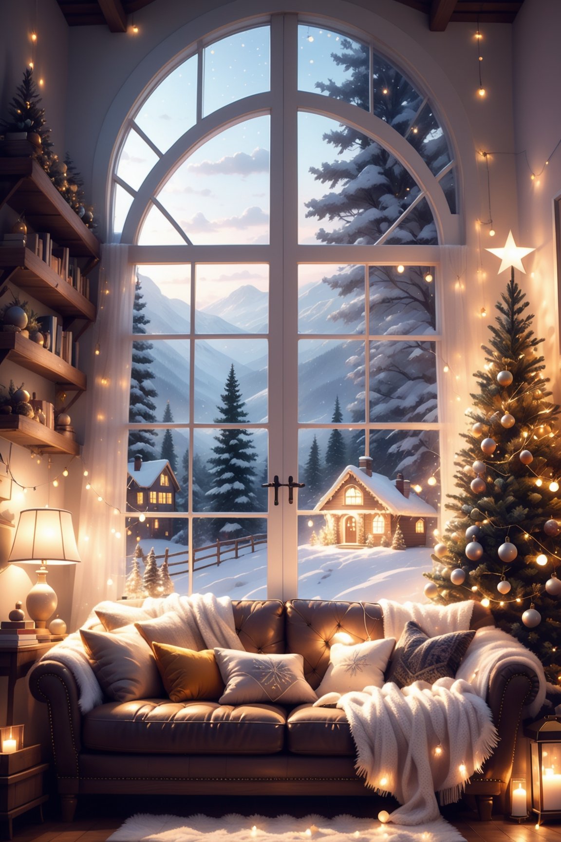 cozy Christmas themed room, sofa, beautiful big window with a view, snowy day, night time, string lights, Mysterious, Mysterious