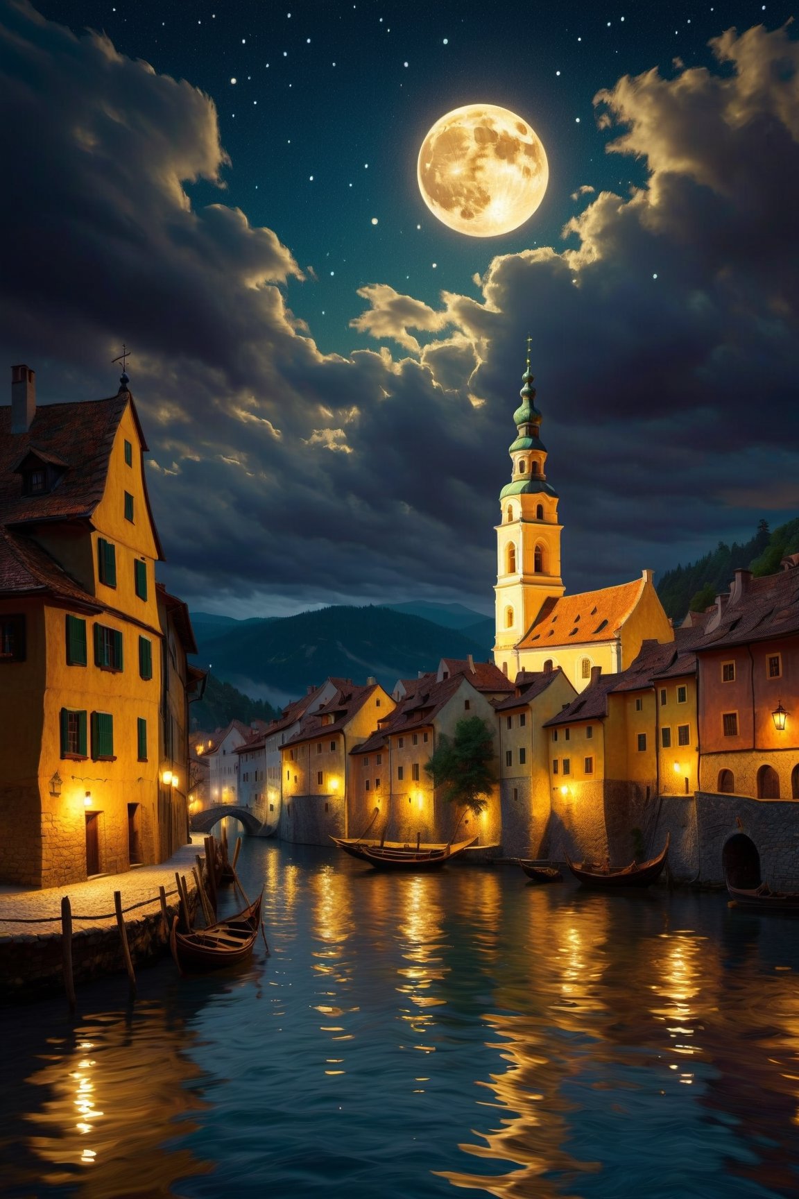 Ultra-detailed night landscape of a mystical medieval ominous city on an island inspired by the architecture of medieval Cesky Krumlov, moonlit night with light clouds, natural stone or brown brick house walls, realistic textures, surrealism, 3D global light, local illumination, reflections on surfaces, interesting well-chosen colors, the picture organically combines the styles of Aivazovsky, Van Gogh and Leonardo Da Vinci in equal parts, adding the same share of his own original stylistic contribution, detailed painting with oil paints, small brush strokes, dripping paint, a masterpiece of art, artstation trend, sharp focus, complex details, highly detailed textures, balanced composition, sense of volume of the scene, imitation of real painting, post-processing