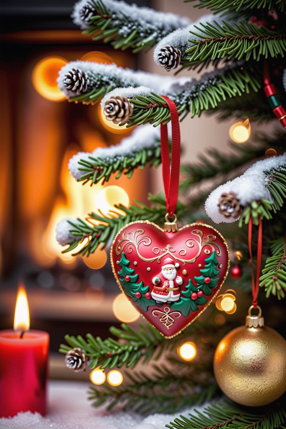 Heart-shaped ornaments hug the branches of a snow-frosted Christmas tree, mistletoe dangles above a cozy fireplace where stockings hang waiting for Saint Nicholas, ambient firelight casts a warm glow over a scene wrapped in the essence of love, soft focus, bokeh lights in the background, festive color palette, 8k, ultra-realistic., Miki Asai Macro photography, close-up, hyper detailed, trending on artstation, sharp focus, studio photo, intricate details, highly detailed, by greg rutkowski