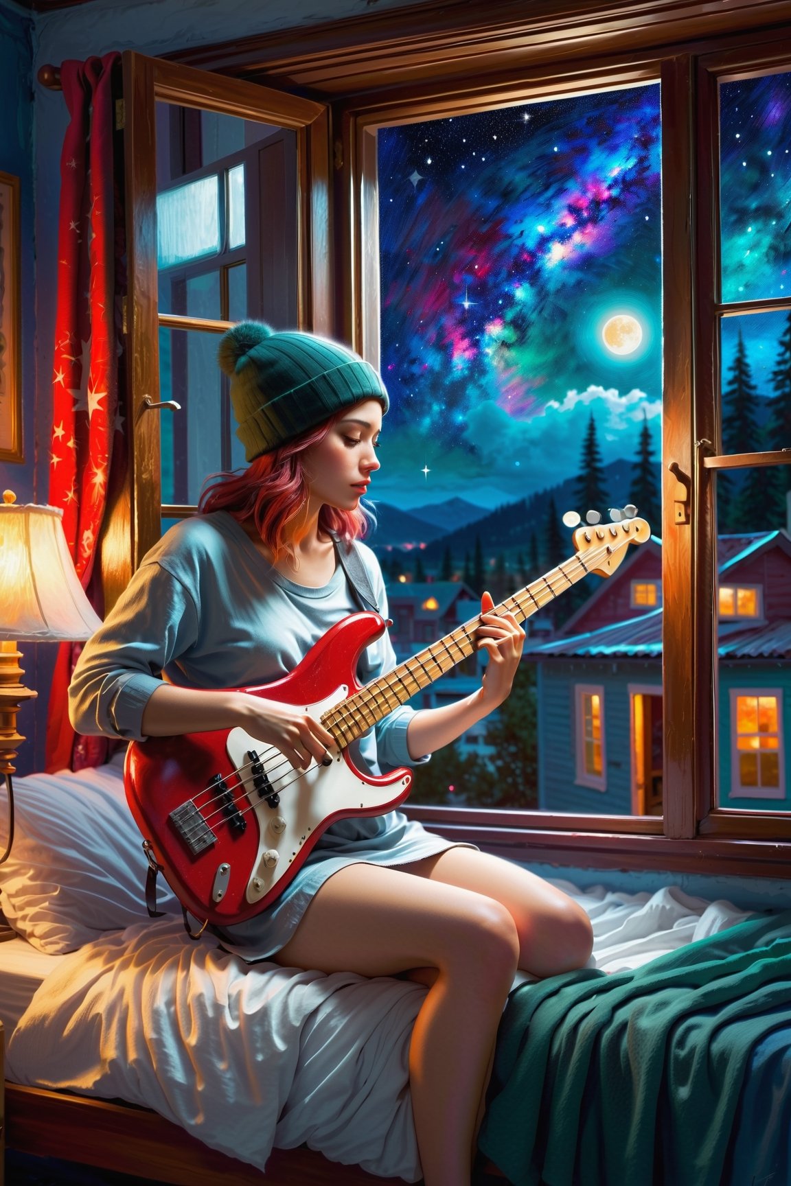 girl, beanie, bedroom, bed, playing bass guitar, night time, star map outside, in the style of Pino Daeni, outside shine, window, tranquil shadow dream fluctuation, interior, door, electric powder blue, scarlet and emerald tinge, soviet, silent contemplation, expand, Matte, Focal Point create, creepy, tempera, urban evening,