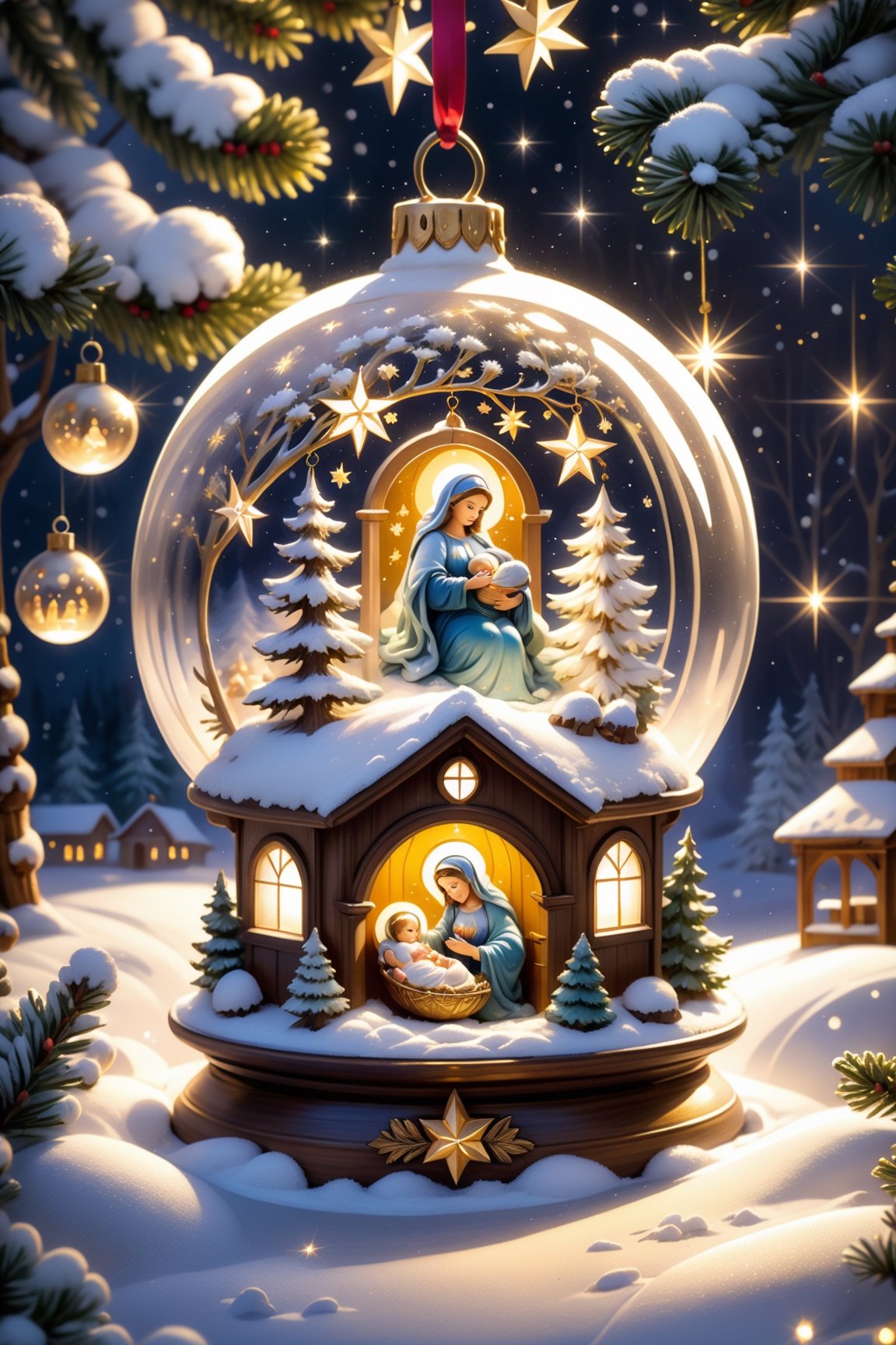 A Christmas tree ball made of transparent glass and a gold ribbon hanging from a fir tree with berries outside in a snow-covered field and at night when it snows, in the foreground is a glass ball, inside which there are three main figures of the nativity scene: St. Joseph, Mary and baby Jesus, illuminated by a star, the style of Michal Karch, Daniel Merriam, Victor Ngai and Guillermo del Toro: ornate, dynamic, with particles, intricate, elegant, highly detailed, focused, artistic, soft, clear focus, dream, in pastel colors, romantic, warm, imaginative, juicy, soft, cozy, wet, Silke Leffler, Gabriel Pacheco, Chihiro Iwasaki, Oliver Jeffers, captivating, Mysterious