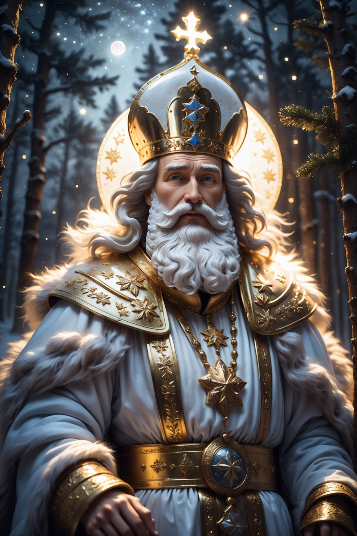 in the forest stands (((an ancient Russian icon of St. Nicholas the Wonderworker))), behind it is a huge ghostly silhouette of (((an ancient Slavic god))), winter, night, many stars, space, planets, milky way, rotation of the Galaxy, mysticism
extremely high quality RAW photograph, detailed background, intricate, Exquisite details and textures, highly detailed, ultra detailed photograph, warm lighting, artstation, 4k, sharp focus, high resolution, detailed skin, detailed eyes, 8k uhd, dslr,  high quality, film grain, Fujifilm XT3
Eerie
Surrealistic
Breathtaking
Majestic
moody golden fur design
dramatic light