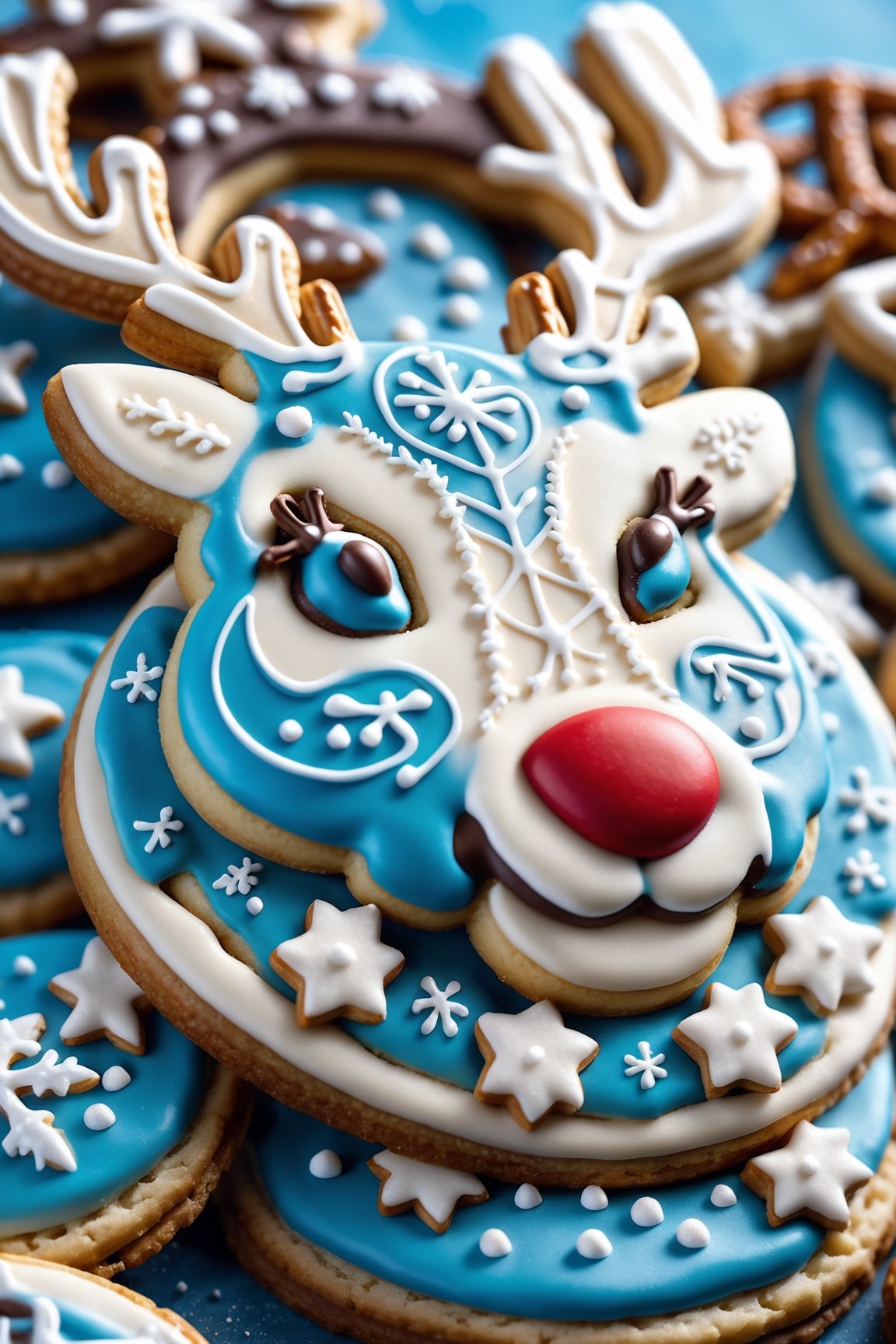 Reindeer cookie made with pretzels and icing, Miki Asai Macro photography, close-up, hyper detailed, trending on artstation, sharp focus, studio photo, intricate details, highly detailed, by greg rutkowski