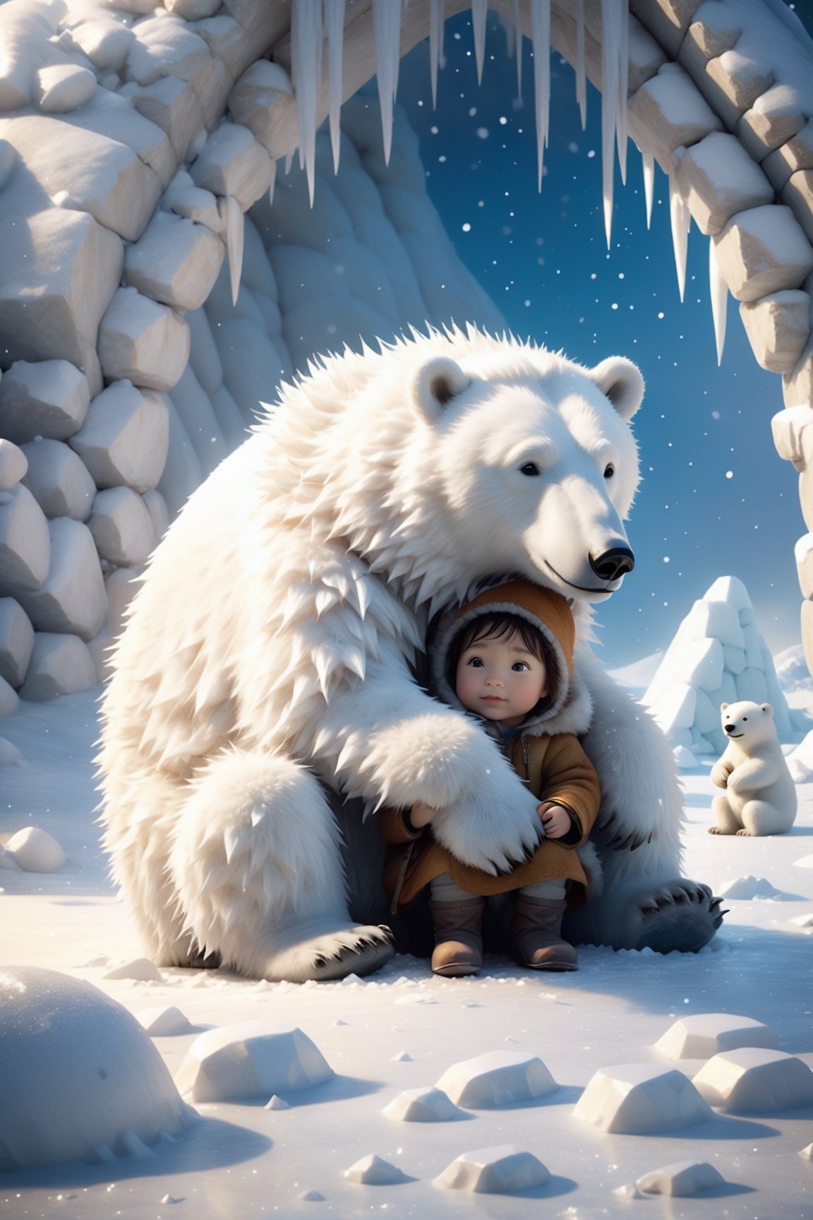 close up, Young Eskimo, Kneeling on a icey floor, Hugging a baby polar bear, igloo in background, Snowing . by Jean-Baptiste Monge + Jessica Rossier + Brian Froud; Award-Winning Render; Unreal Engine 3D; Symbolism; Colourful; Polished.