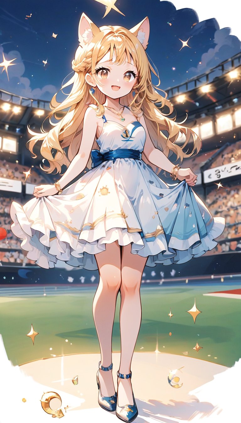 score_9_up, score_8_up, score_7_up,score_6_up,score_5_up,source_anime,masterpiece,best quality,illustration,cute,kawaii,1girl,solo,blonde hair,french_braid,dog ears,gradient brown eyes,At the (Olympic closing ceremony:1.5),Her expression reflects both the sadness of the event’s end and the satisfaction of having given her all. Amidst the applause and cheers from the audience,night,formal dress primarily white with golden embroidery,beautifully shimmering in the light,The hem of the dress flares out gracefully, swaying elegantly with her movements. She wears simple yet elegant heels, perfectly complementing her overall look,the girl wears a beaming smile